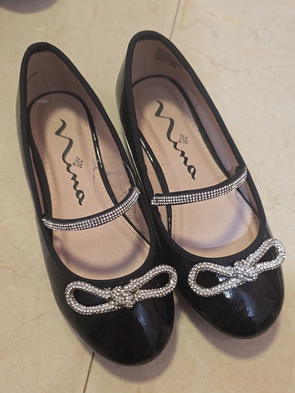 Nina Black Patent Mary Jane Flats with Rhinestone Bow